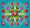 Stained glass illustration with floral arrangement, colorful Crocuses on a blue background