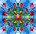 Stained glass illustration with  floral arrangement, colorful Crocuses on a blue background Royalty Free Stock Photo