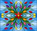 Stained glass illustration with floral arrangement, colorful tulips on a blue background Royalty Free Stock Photo