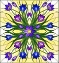Stained glass illustration with floral arrangement, purple and blue Crocuses on a yellow background Royalty Free Stock Photo