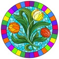 Stained glass illustration with a floral arrangement of tulip flowers on a blue background, round image in a bright frame Royalty Free Stock Photo