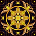 Stained glass illustration with  floral ornament ,imitation gold on dark background with swirls and floral motif, square image Royalty Free Stock Photo