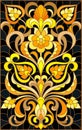 Stained glass illustration with  floral ornament ,imitation gold on dark background with swirls and floral motifs Royalty Free Stock Photo