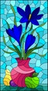 Stained glass illustration with floral still life, a bouquet of blue flowers in a vase and fruit on a blue sky background Royalty Free Stock Photo