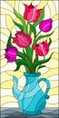 Stained glass illustration with floral still life, bouquet of pink Tulips in a blue vase on a yellow background Royalty Free Stock Photo