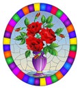 Stained glass illustration with floral still life,  bouquet of red  roses in a purple vase on a blue  background,oval image in bri Royalty Free Stock Photo