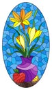 Stained glass illustration with  floral still life, a bouquet of yellow flowers in a vase and fruit on a blue sky background, oval Royalty Free Stock Photo