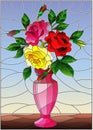 Stained glass illustration with floral still life, colorful bouquet of roses in a pink vase on a blue background Royalty Free Stock Photo