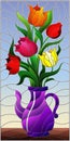 Stained glass illustration with floral still life, colorful bouquet of Tulips in a purple vase on a blue background Royalty Free Stock Photo