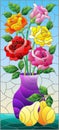 Stained glass illustration with floral still life, vase with a bouquet of bright roses and fruits on a blue background Royalty Free Stock Photo