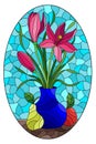 Stained glass illustration with  floral still life, vase with a bouquet of pink flowers in a vase and fruit on a blue sky backgrou Royalty Free Stock Photo