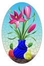 Stained glass illustration with  floral still life, vase with a bouquet of pink flowers in a vase and fruit on a blue sky backgrou Royalty Free Stock Photo