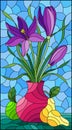 Stained glass illustration with  floral still life, vase with a bouquet of purple flowersin a vase and fruit on a blue sky backgro Royalty Free Stock Photo