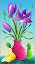 Stained glass illustration with floral still life, vase with a bouquet of purple flowersin a vase and fruit on a blue sky backgrou Royalty Free Stock Photo