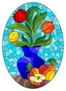 Stained glass illustration with  a floral still life, a vase with bright tulips, and apples on a blue background , oval illustrati Royalty Free Stock Photo