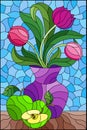 Stained glass illustration with  a floral still life, a vase with bright tulips, and apples on a blue background , rectangular ill Royalty Free Stock Photo