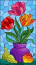 Stained glass illustration with a floral still life, a vase with bright tulips, pears and an Apple on a blue background , rectang