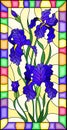 Stained glass illustration with flower of blue irises on a yellow background in a bright frame,rectangular image