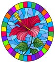 Stained glass illustration with flower, buds and leaves of pink hibiscus on sky background, oval image in bright frame