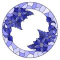 Stained glass illustration with flower frame, flowers and leaves on a white background, monochrome,tone blue