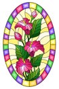 Stained glass illustration with flower of pink callas lilys on a yellow background in a bright frame,oval image Royalty Free Stock Photo