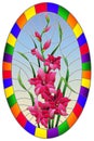 Stained glass illustration with flower of pink gladiolus on a sky background in a bright frame,oval image