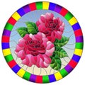 Stained glass illustration with flower of pink rose on a blue sky background in a bright frame,round image Royalty Free Stock Photo