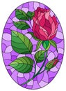Stained glass illustration with  flower of pink rose on a purple background, oval image Royalty Free Stock Photo