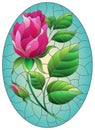Stained glass illustration with flower of pink rose on a purple background, oval image Royalty Free Stock Photo