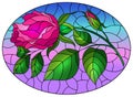 Stained glass illustration with  flower of pink rose on a sky background, oval image Royalty Free Stock Photo