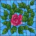 Stained glass illustration with  flower of pink rose on a sky background, square image Royalty Free Stock Photo