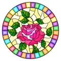 Stained glass illustration with flower of pink rose on a yellow background in a bright frame,round image Royalty Free Stock Photo