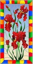 Stained glass illustration flower of red irises on a sky background in a bright frame,rectangular image