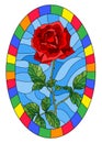 Stained glass illustration flower of red rose on a blue background in a bright frame,oval image Royalty Free Stock Photo