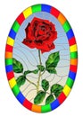 Stained glass illustration with flower of red rose on a sky background in a bright frame,oval image Royalty Free Stock Photo