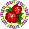 Stained glass illustration with flower of red roses on a yellow background in a bright frame,round image Royalty Free Stock Photo