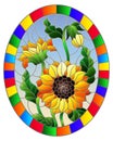 Stained glass illustration flower of sunflowers on a blue background in a bright frame,oval image