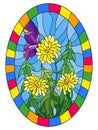 Stained glass illustration flower of Taraxacum and purple butterfly on a blue background,oval image in bright frame
