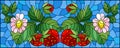 Stained glass illustration with flowers, berries and leaves of strawberry on a blue background