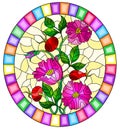 Stained glass illustration with  flowers , berries and leaves of wild rose on a yellow background , oval image in bright frame Royalty Free Stock Photo