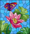 Stained glass illustration with flowers, buds and leaves of a pink Lotus and a butterfly on a blue sky background Royalty Free Stock Photo