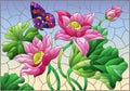 Stained glass illustration with  flowers, buds and leaves of a pink Lotus and a butterfly on a blue sky background Royalty Free Stock Photo