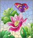 Stained glass illustration with flowers, buds and leaves of a pink Lotus and a butterfly on a blue sky background