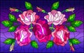 Stained glass illustration with  flowers, buds and leaves of pink roses on a blue background Royalty Free Stock Photo