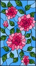 Stained glass illustration with flowers, buds and leaves of pink roses on a blue background Royalty Free Stock Photo