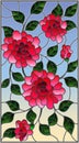 Stained glass illustration with flowers, buds and leaves of pink roses on a blue background Royalty Free Stock Photo