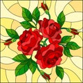 Stained glass illustration with flowers, buds and leaves of red roses on a yellow background Royalty Free Stock Photo