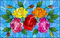 Stained glass illustration with flowers, buds and leaves of roses on a blue background