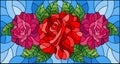 Stained glass illustration with  flowers, buds and leaves of  roses on a blue background Royalty Free Stock Photo