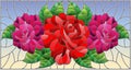 Stained glass illustration with  flowers, buds and leaves of  roses on a blue background Royalty Free Stock Photo